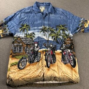 Big Dogs Mens Biker Dogs Tropical Beach Rayon Button Up Shirt Blue Medium